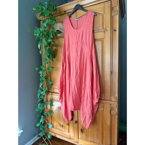 LIN BOHÈME Coral Linen Tunic Dress • Oversized Asymmetrical Hem • One Size - Picture 2 of 10